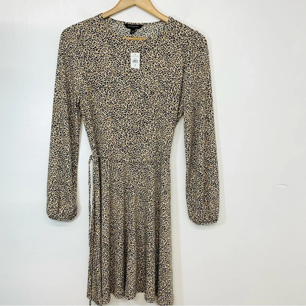 Banana Republic Dress Small Leopard Print  Stretch Long Sleeve A Line Flowy Knit